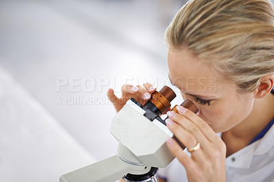Buy stock photo Woman, research and scientist with microscope for exam, test or scientific discovery at laboratory. Face of female person or medical expert looking in zoom lens or scope for breakthrough in biology