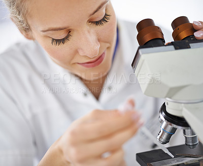 Buy stock photo Woman, microscope and drop with test for laboratory research, scientific exam or discovery at clinic. Face of female person or medical expert with smile and scope for science breakthrough or biology