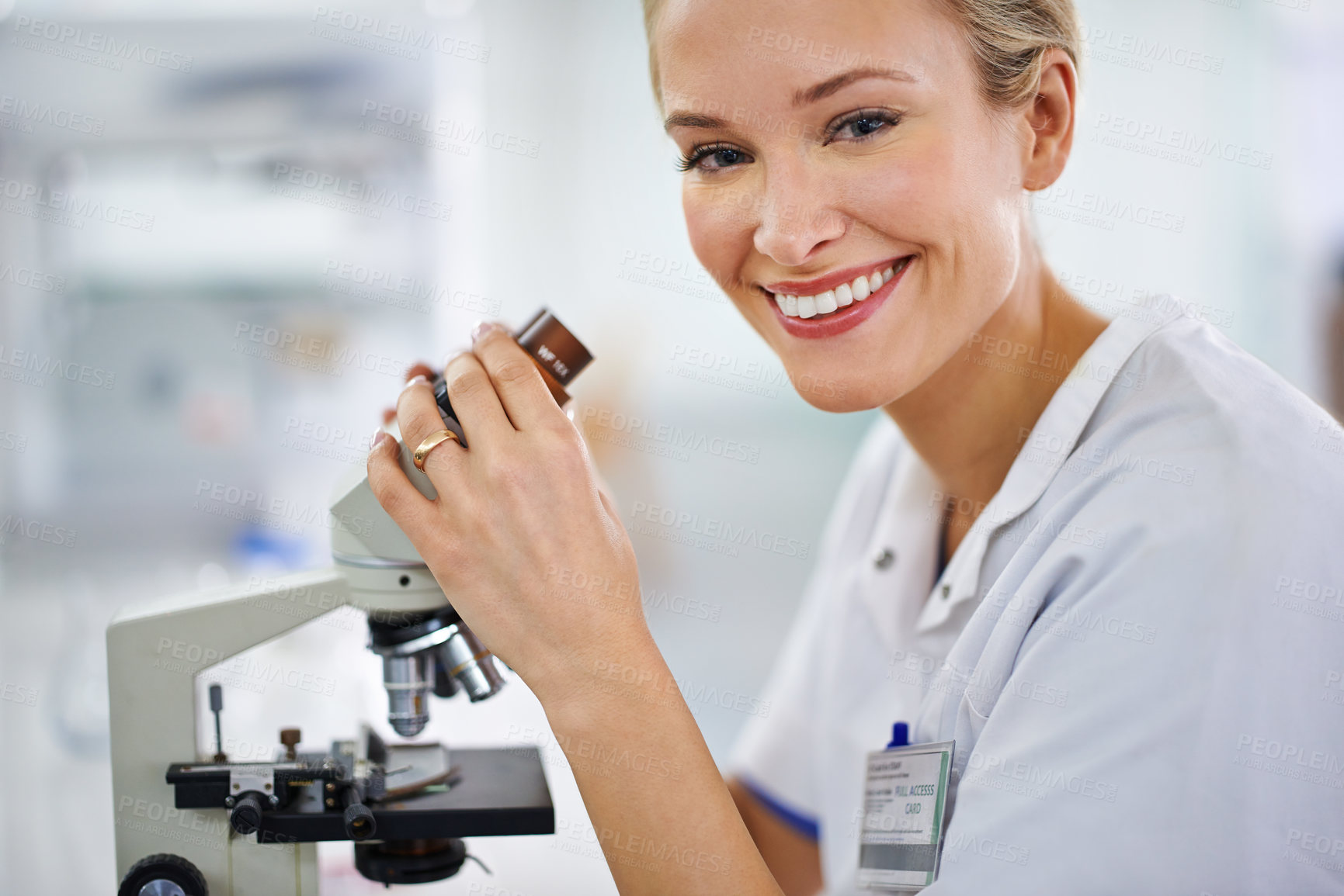 Buy stock photo Happy woman, portrait and microscope with exam for laboratory research, scientific test or discovery. Face of female person or medical expert with smile and scope for science breakthrough or biology