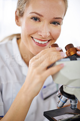 Buy stock photo Happy woman, portrait and microscope with test for laboratory research, scientific exam or discovery. Face of female person or medical expert with smile and scope for science breakthrough or biology