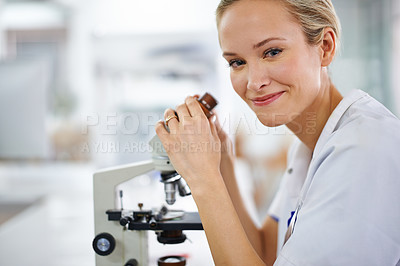 Buy stock photo Happy woman, portrait and laboratory with forensic microscope for research, scientific test or discovery. Female person or medical expert with smile and scope for science, breakthrough or biology
