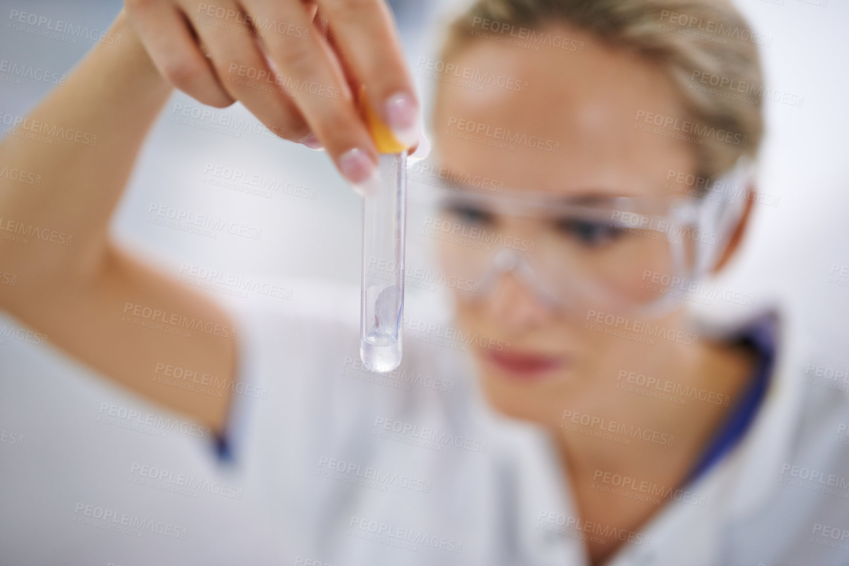 Buy stock photo Hand, liquid or woman scientist in laboratory for sample research, medical test tube or virus experiment. Solution, investigation or science expert with vaccine cure for future development or results