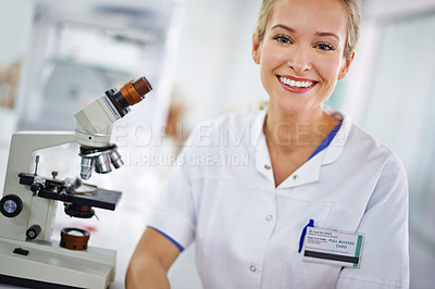 Buy stock photo Happy, microscope or portrait of scientist or woman in laboratory for research, medical analysis or test. Smile, investigation or proud science expert with solution for future development or results