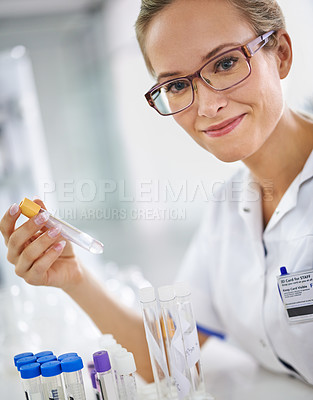 Buy stock photo Portrait, test tube or woman scientist in laboratory for sample research, medical liquid or virus experiment. Solution, review or science expert with vaccine cure for future development or results