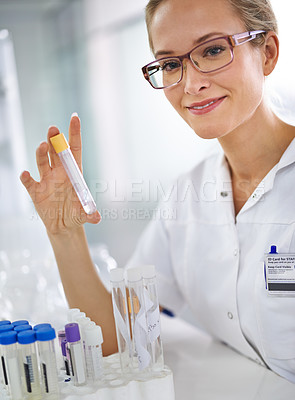 Buy stock photo Smile, test tube or woman scientist in portrait for research, medical liquid sample or virus experiment. Solution, review or happy science expert with vaccine cure for development or results in lab