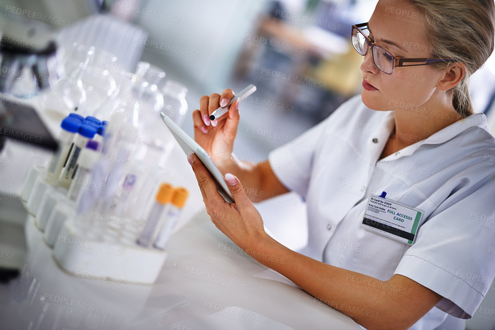 Buy stock photo A young scientist working on a research project using a tablet