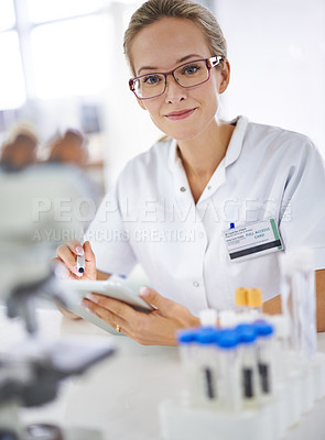 Buy stock photo Medical, research and portrait of woman with tablet in laboratory with development in biotechnology. Doctor, typing or check results online of pharmaceutical report or review of innovation in science