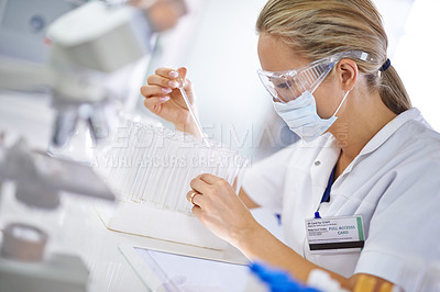 Buy stock photo Woman, scientist and vial with mask for test, exam or research in discovery at laboratory. Female person or medical professional in science experiment with pipette for chemical compound or DNA study