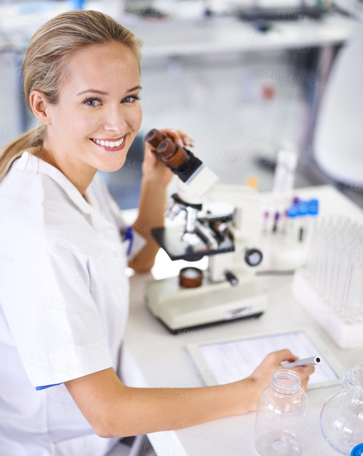 Buy stock photo Medical, portrait and research with tablet and microscope in lab with development in biotechnology. Scientist, writing or check notes on pharmaceutical report or review data of innovation in science