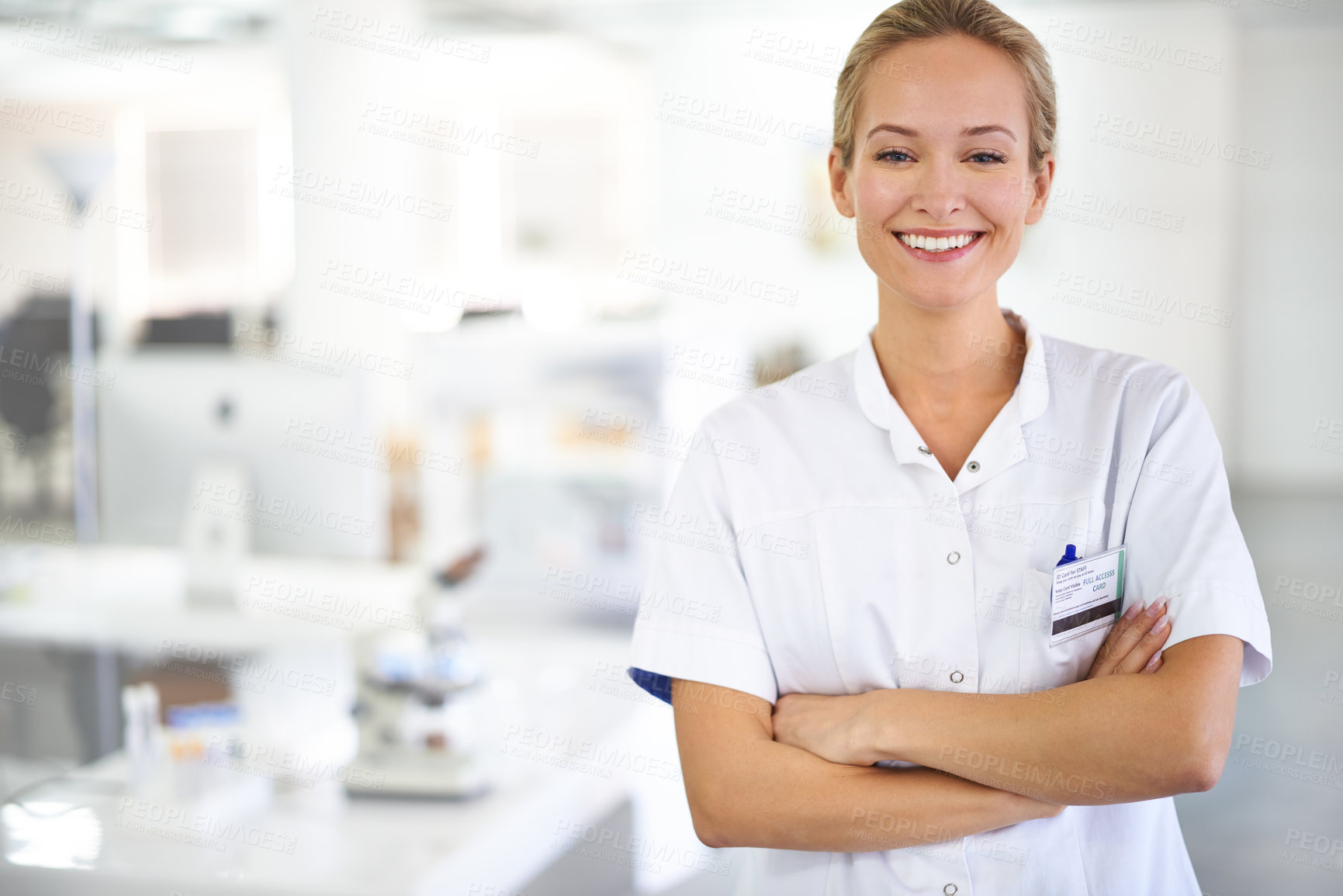 Buy stock photo Happy woman, portrait and scientist with arms crossed of healthcare professional at laboratory. Face of female person or medical researcher with smile in confidence for PHD, career or research at lab