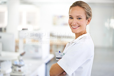 Buy stock photo Happy woman, portrait and professional scientist with arms crossed for healthcare at laboratory. Face of female person or medical researcher with smile in confidence for PHD or career ambition at lab