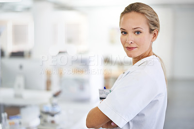Buy stock photo Serious woman, portrait and professional scientist with arms crossed for healthcare at laboratory. Face of female person or medical researcher in confidence for PHD or career ambition at the lab