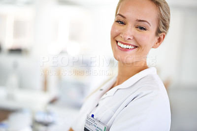 Buy stock photo Happy woman, portrait and scientist with confidence for research, healthcare or discovery at laboratory. Face of female person or medical employee with smile for science, chemistry or biology at lab