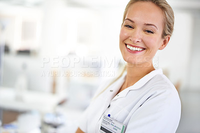 Buy stock photo Excited woman, portrait and scientist with confidence for medical research, healthcare or discovery at laboratory. Face of female person or employee with smile in science, chemistry or biology at lab