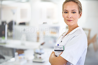 Buy stock photo Serious woman, portrait and professional with arms crossed for healthcare or science at laboratory. Face of female person or medical researcher in confidence for PHD or career ambition at the lab