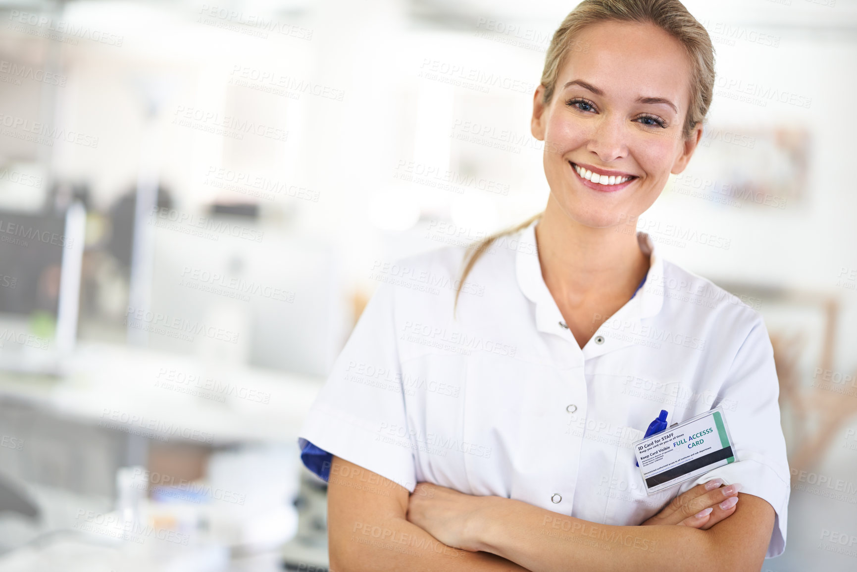 Buy stock photo Happy woman, portrait and professional with arms crossed at laboratory for healthcare or science. Face of young female person or medical researcher in confidence for PHD or career ambition at the lab