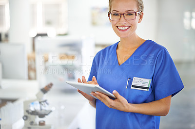 Buy stock photo Medical, research and portrait of woman with tablet in laboratory with development in biotechnology. Doctor, typing or check results online of pharmaceutical report or review of innovation in science