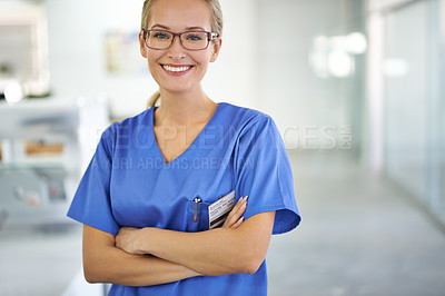 Buy stock photo Happy woman, portrait and professional nurse with arms crossed at laboratory for healthcare or science. Young female person or medical researcher in confidence for PHD or career ambition at the lab