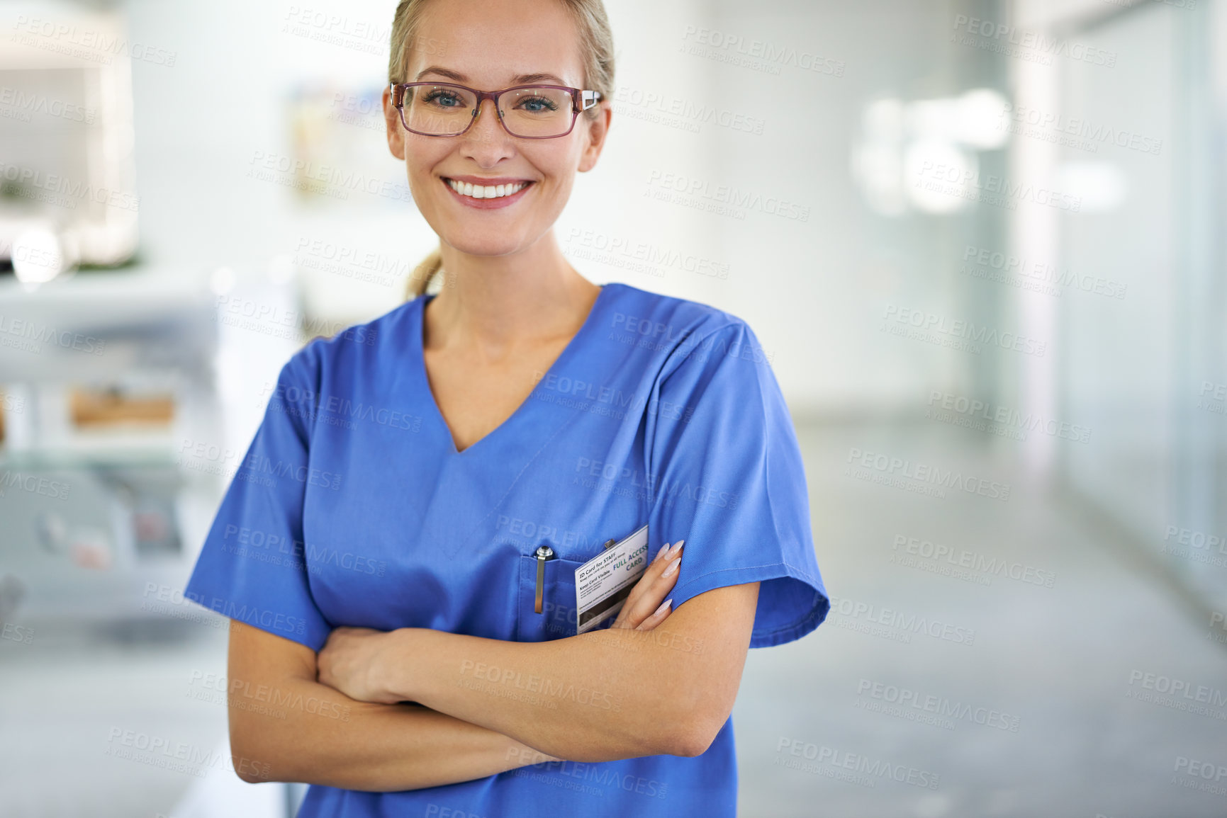 Buy stock photo Happy woman, portrait and professional nurse with arms crossed at laboratory for healthcare or science. Young female person or medical researcher in confidence for PHD or career ambition at the lab