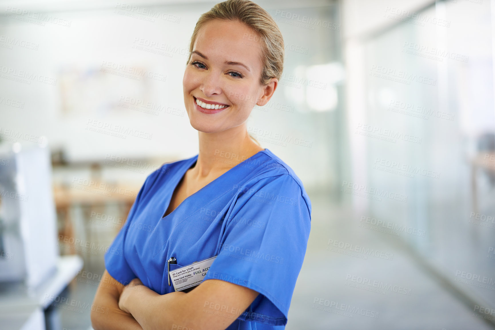 Buy stock photo Happy woman, portrait and professional nurse with confidence for healthcare or science at hospital. Young female person or medical doctor with smile and arms crossed for PHD or career ambition at lab