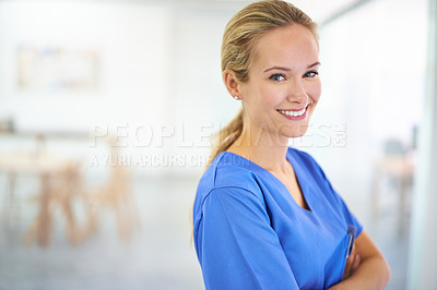 Buy stock photo Nurse, arms crossed or portrait of a happy woman in hospital for medical, support or mockup space. Smile, healthcare and confident female surgeon nursing in clinic for wellness, medicine or treatment