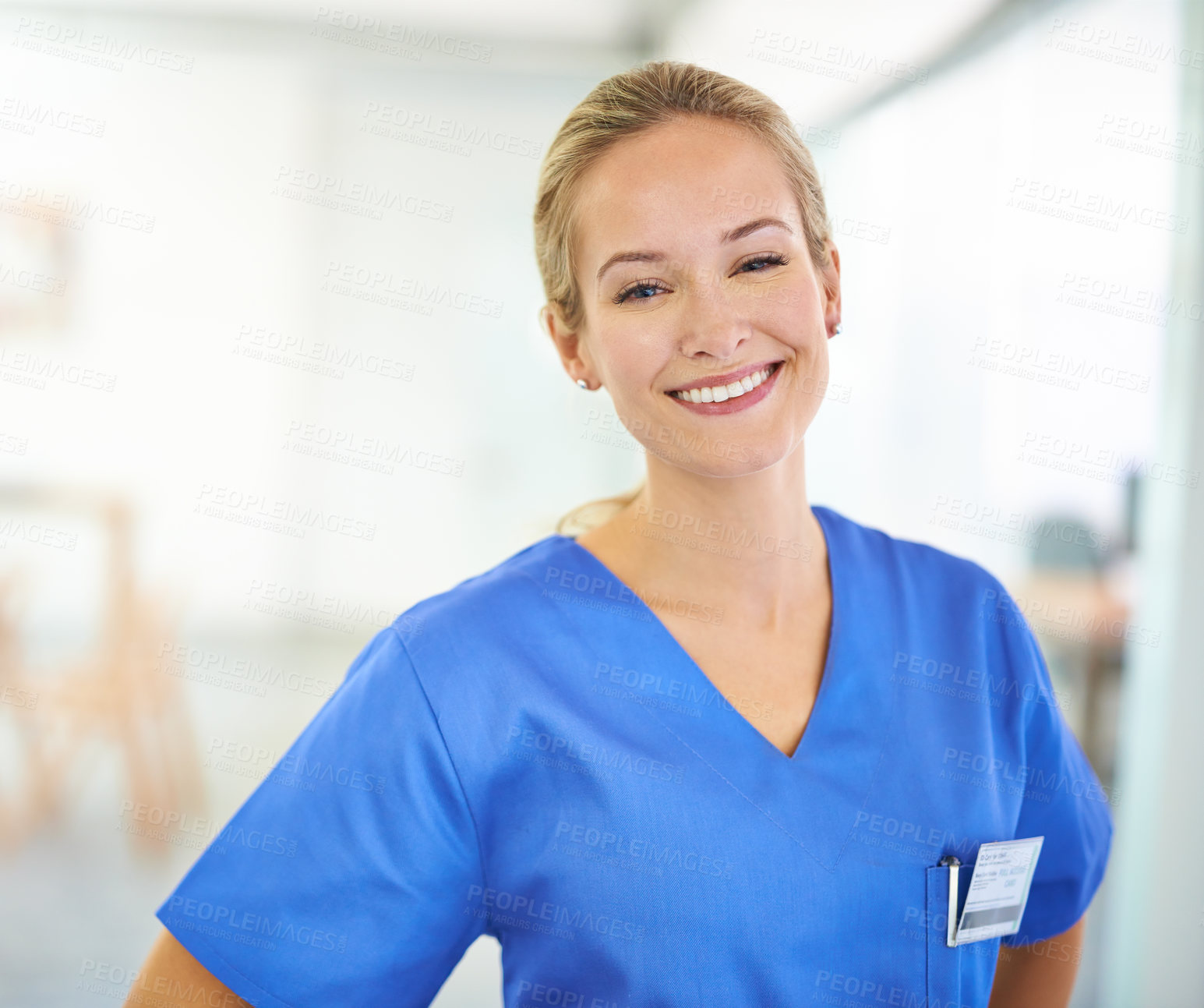 Buy stock photo Healthcare, portrait and happy woman nurse in hospital for help, internship or friendly service. Health, face and female medical student at a clinic for emergency assistance, treatment or surgery 
