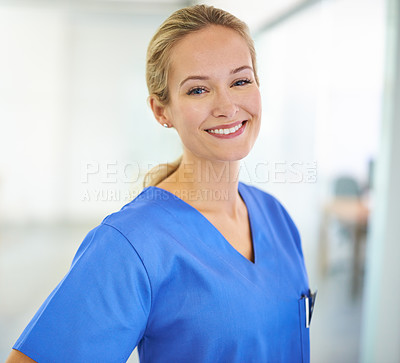 Buy stock photo Portrait, healthcare and happy woman nurse in hospital for help, internship or friendly service. Health, face and female medical student at a clinic for emergency assistance, treatment or surgery 