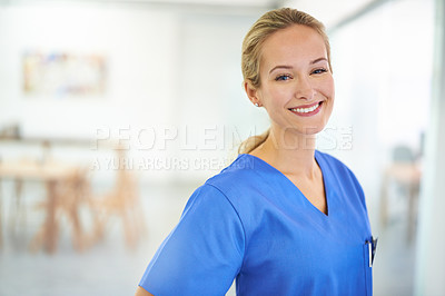 Buy stock photo Healthcare, portrait and woman nurse in hospital for help, internship or friendly service. Health, face and happy female medical student at a clinic for emergency assistance, treatment or surgery 