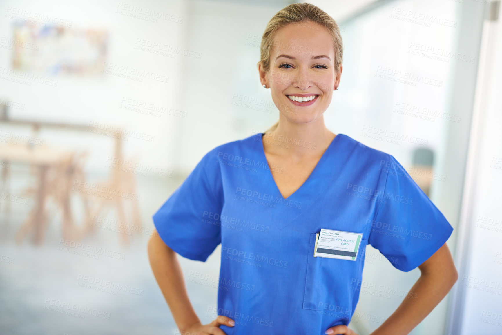 Buy stock photo Happy woman, portrait and nurse with confidence for healthcare, science or career ambition at hospital. Young female person, scrub or medical doctor with friendly smile or PHD of expert at the clinic