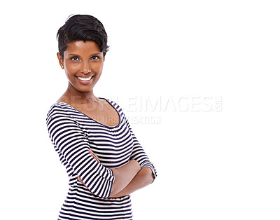 Buy stock photo Indian woman, arms crossed and smile in studio portrait with space, fashion and confidence by white background. Girl, person or model with trendy clothes, edgy style and happy for mock up in Mumbai
