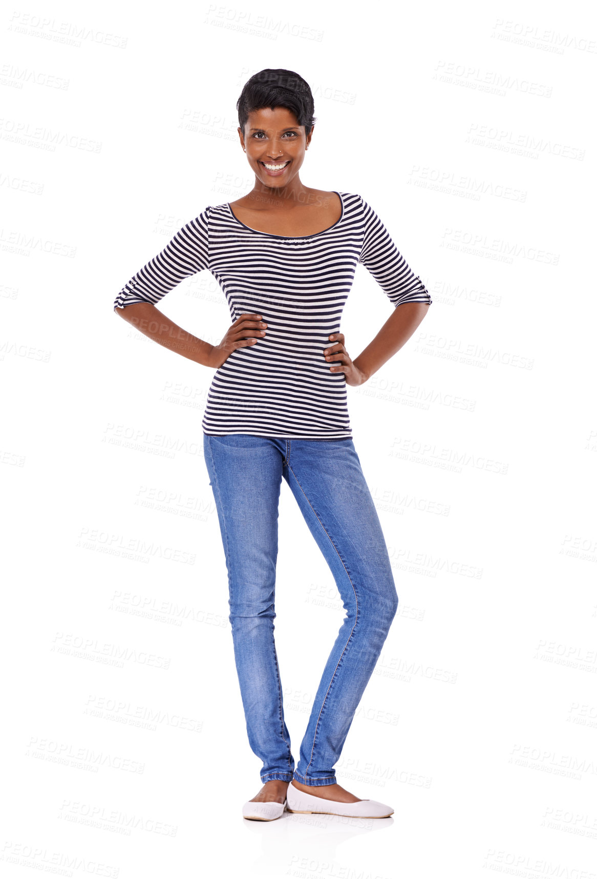 Buy stock photo Indian woman, fashion and smile in studio portrait with confidence, pride and jeans by white background. Girl, person and cool model with edgy denim, shirt and happy with trendy with casual style
