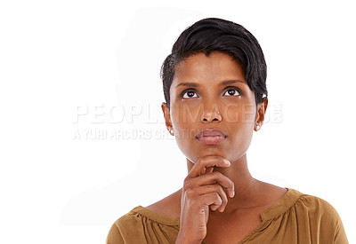 Buy stock photo Thinking, space or woman in studio with choice, option or decision mockup on white background. Looking up, problem solving or thoughtful female person isolated with solution, vision or creative ideas