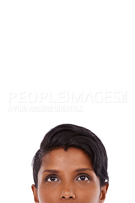 Buy stock photo Woman, face and thinking of idea in studio for problem solving, wondering and daydreaming with mockup space. Indian person, thoughtful and pondering on white background with contemplation or decision