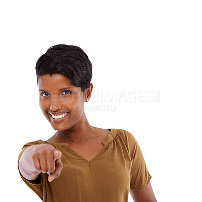 Buy stock photo Portrait, Indian woman or pointing to you for motivation or mockup space on white background. Studio, happy winner or person with gesture, choice or promo showing an opportunity, vote or selection 