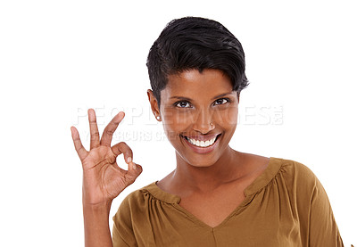 Buy stock photo Portrait, perfect or happy Indian woman in studio isolated on white background for feedback or good review. Face, okay or lady with like gesture, agreement or yes sign for discount or promo offer