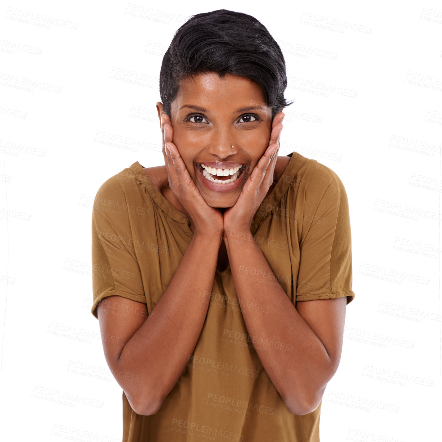Buy stock photo Studio portrait of an attractive young woman posing against a white background
