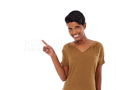 Buy stock photo Space, pointing or happy woman with announcement, offer or promotion isolated on white background. Smile, show or lady in studio with hand for advertising, marketing or sale for discount deal mockup