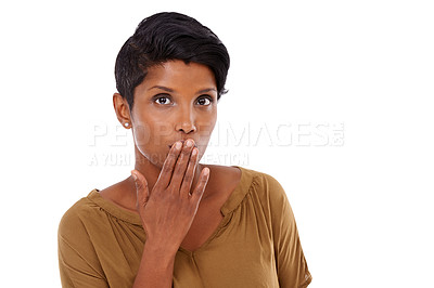 Buy stock photo Portrait, secret or shocked woman cover mouth for gossip or sale in studio on white background. Mockup space, wow or amazed face of a person surprised by deal announcement, drama story or fake news