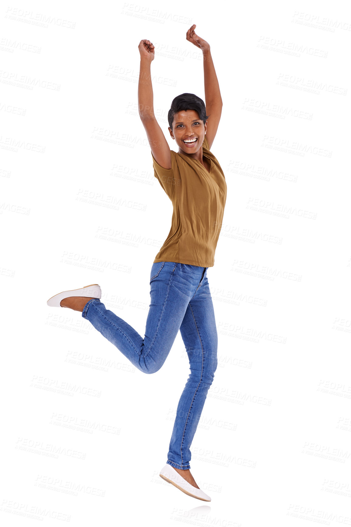 Buy stock photo Woman, portrait and jumping celebration with excitement or good news announcement, surprise or winning. Female person, hands up and studio or discount as positive reaction, white background or mockup