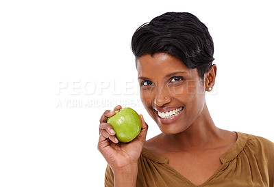 Buy stock photo Woman, portrait and happiness in studio with apple for nutrition, healthy diet and wellness on white background. Nutritionist, indian person and fruit for vitamin c, fiber and lose weight with mockup