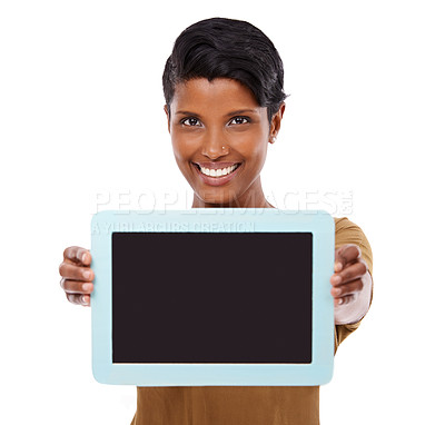 Buy stock photo Studio portrait of an attractive young woman posing against a white background