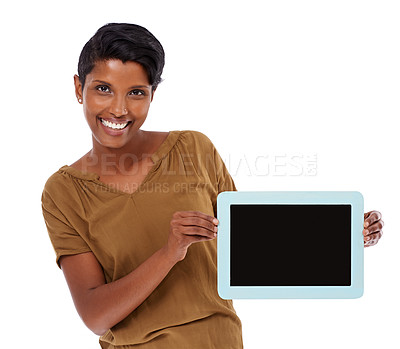 Buy stock photo Studio, portrait and happy woman with tablet, screen for social media or networking subscription. Internet, smile and Indian girl with digital app for news, streaming or website on white background