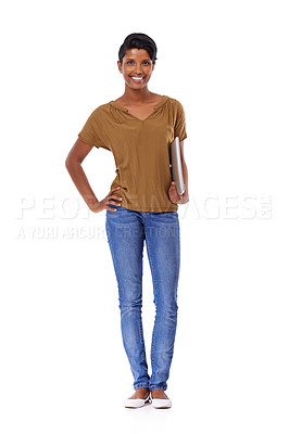 Buy stock photo Studio, portrait and casual woman with laptop for social media, networking or research. Internet, student and Indian girl with computer for online class, streaming or subscription on white background