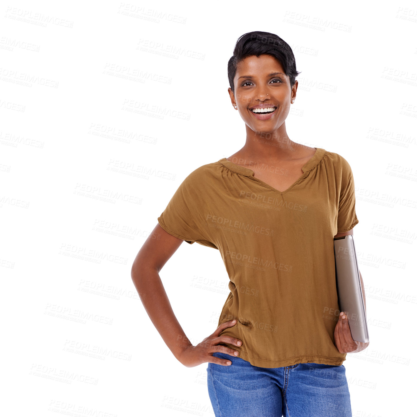 Buy stock photo Studio, portrait and woman with laptop for online class, networking or research on mockup. Internet, student and Indian girl with computer for elearning, education or subscription on white background