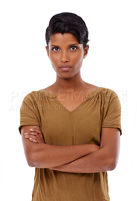 Buy stock photo Indian woman, fashion and arms crossed in studio portrait with confidence, pride and serious by white background. Girl, person and cool model with edgy outfit, shirt and trendy style in Mumbai