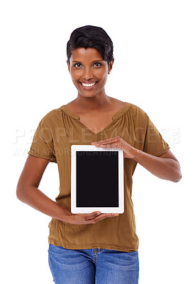 Buy stock photo Studio, portrait and happy woman with smile, tablet screen for social media or networking subscription. Internet, smile and Indian girl with digital app for news, streaming or web on white background