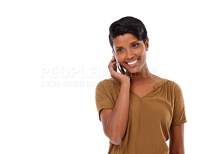 Buy stock photo Woman, phone call and happy is studio with space for mock up with connection by white background. Girl, model and person with smartphone for promotion, contact and smile on mobile network for chat