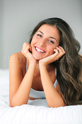 Buy stock photo Happy, portrait and woman in bed with positive attitude, chilling or feel good mood at home. Morning, smile and face of female person in a bedroom resting, relax or enjoying a peaceful lazy day off