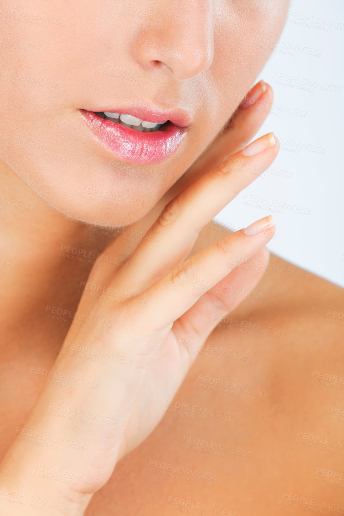 Buy stock photo Face, lips and hand with woman touching skin for dermatology, beauty and moisturizer isolated on white background. Facial, balm for mouth with shine and cosmetic care, wellness and skincare in studio