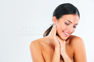 Buy stock photo Skincare, mockup and happy woman in studio with hands on soft skin, dermatology or smooth texture results on white background. Body, beauty or female model smile for anti aging, cosmetics or wellness